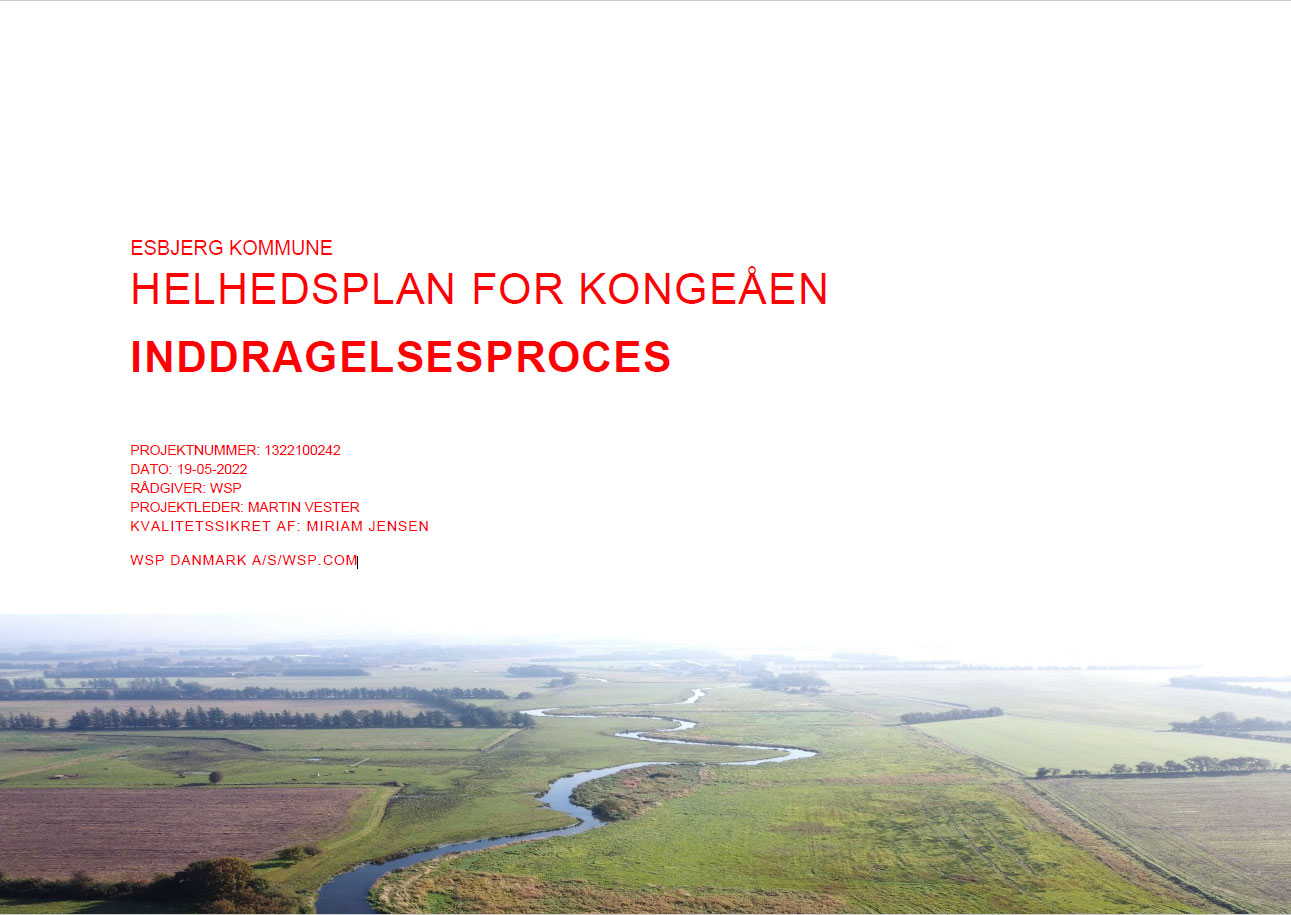 Forsiden af Helhedsplanen for Kongeåen - Inddragelsesproces. Udarbejdet af WSP Danmark A/S